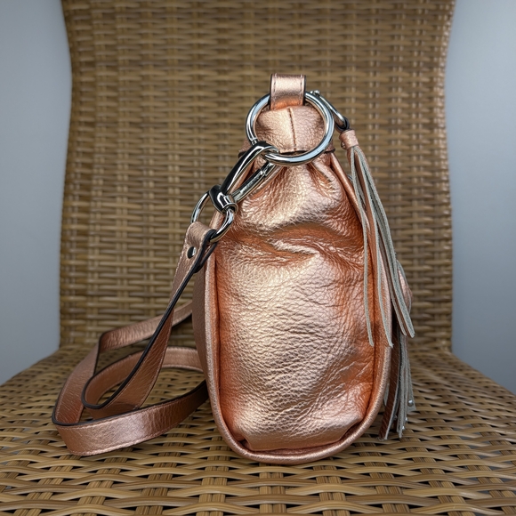 B. Makowsky Metallic Copper Leather Crossbody Bag Tassel Detail Silver Hardware - Picture 7 of 15
